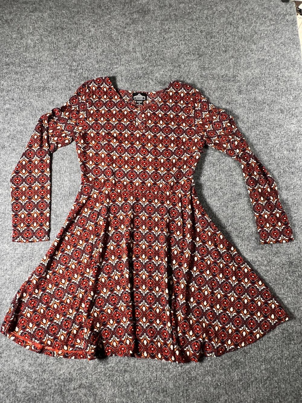 Angie Womens S Boho Floral Fit Flare Dress Long Sleeve Keyhole Red Navy Orange